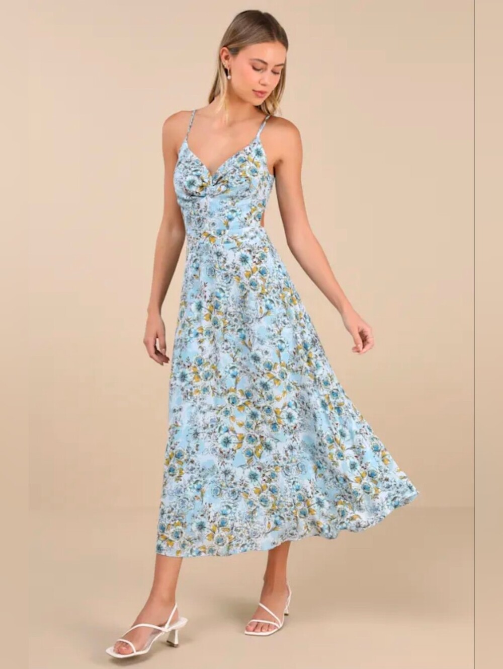 Lulu's sz S Light Blue Floral Spaghetti-Strap Midi Dress (SOLD OUT ONLINE)